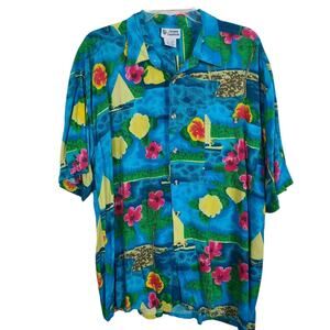 Jacques Carpentier Mens Blue Tropical Hibiscus Floral Short Sleeve Shirt Rayon L